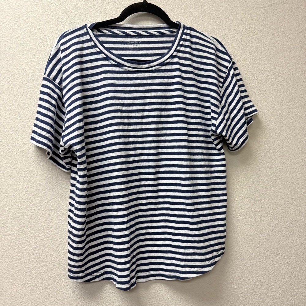 J Crew Navy White Striped Linen Blend Tee Large Casual Summer Top - Picture 2 of 7